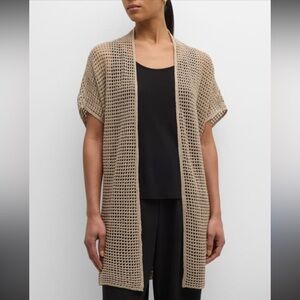 Eileen Fisher Open-Knit Short-Sleeve Duster Cardigan in Beige